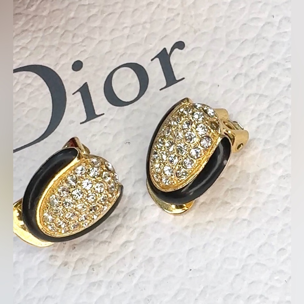 Christian Dior Vintage 1980s Oval Whole Crystals Black Gold Clip On Earrings - Picture 8 of 9